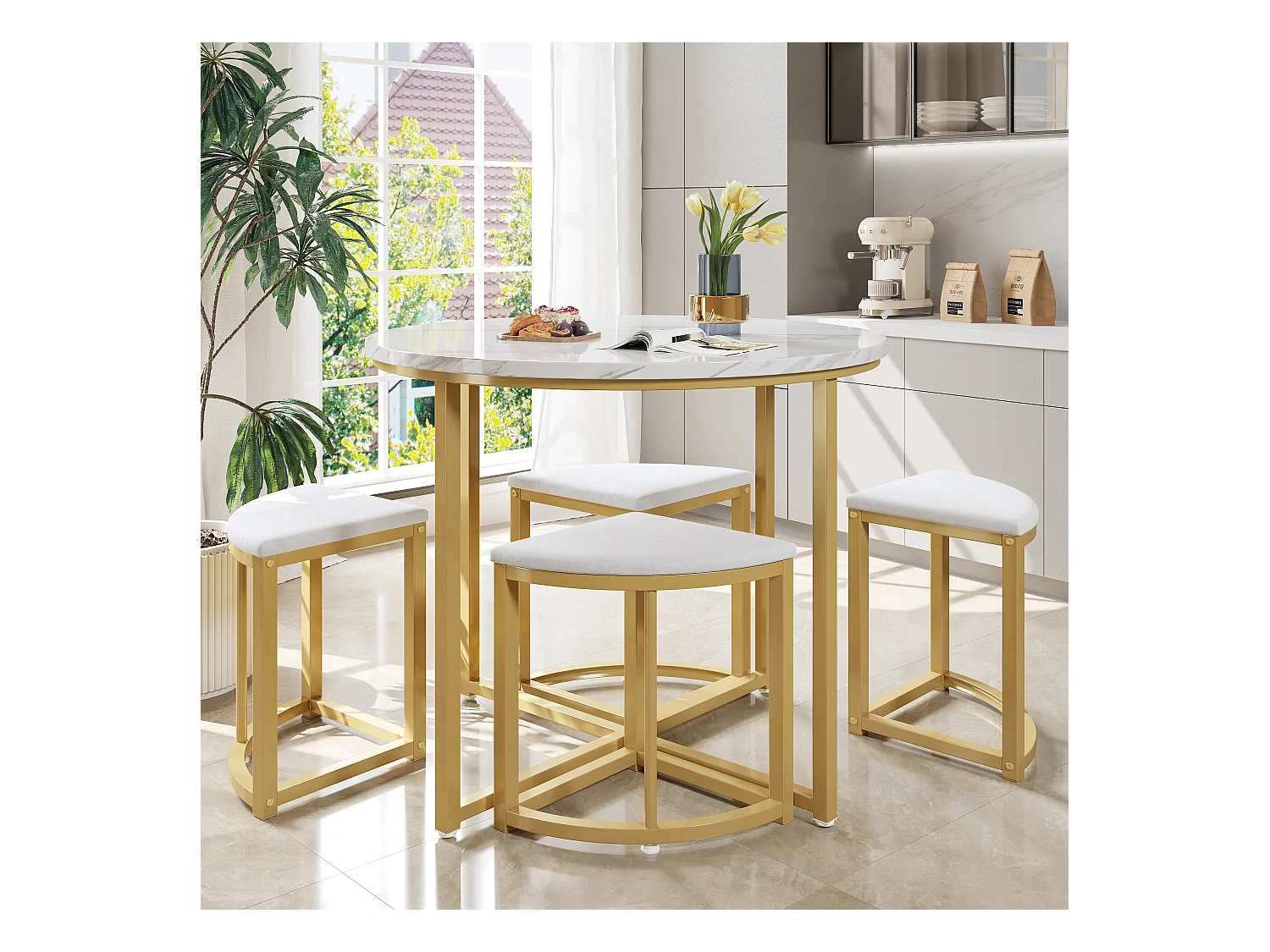 Lot de 5 table à manger et chaises - 80 x 80 x 75 cm - table à pieds doré + 4 chaises - MDF - blanc