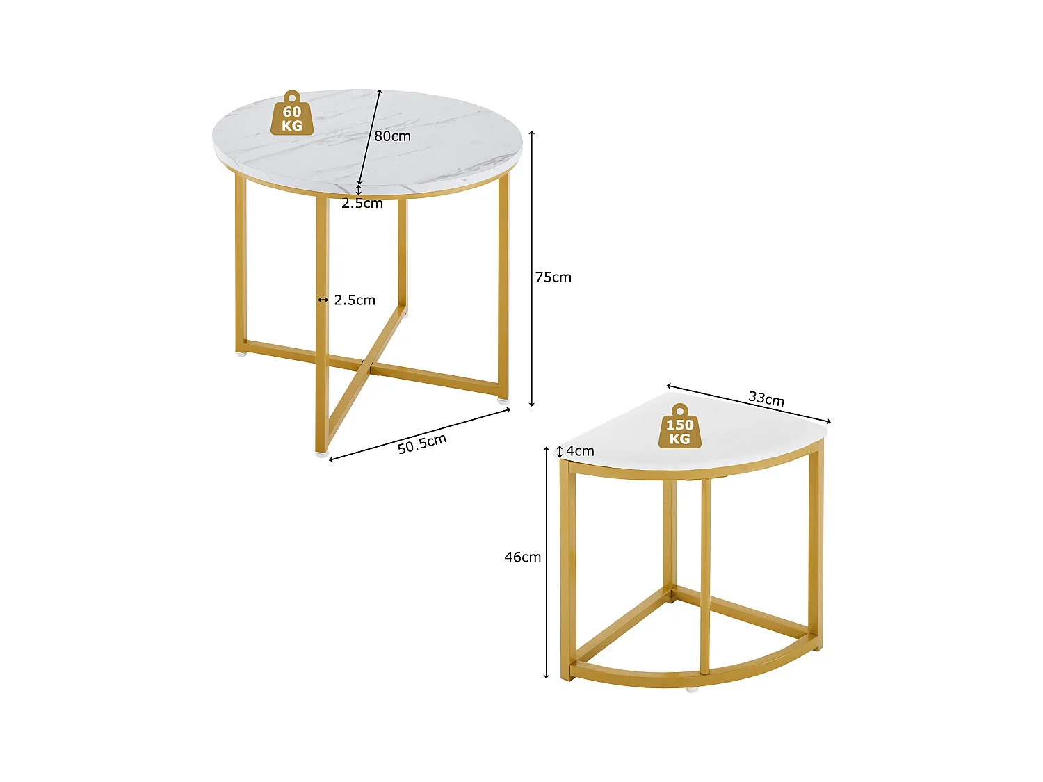 Lot de 5 table à manger et chaises - 80 x 80 x 75 cm - table à pieds doré + 4 chaises - MDF - blanc