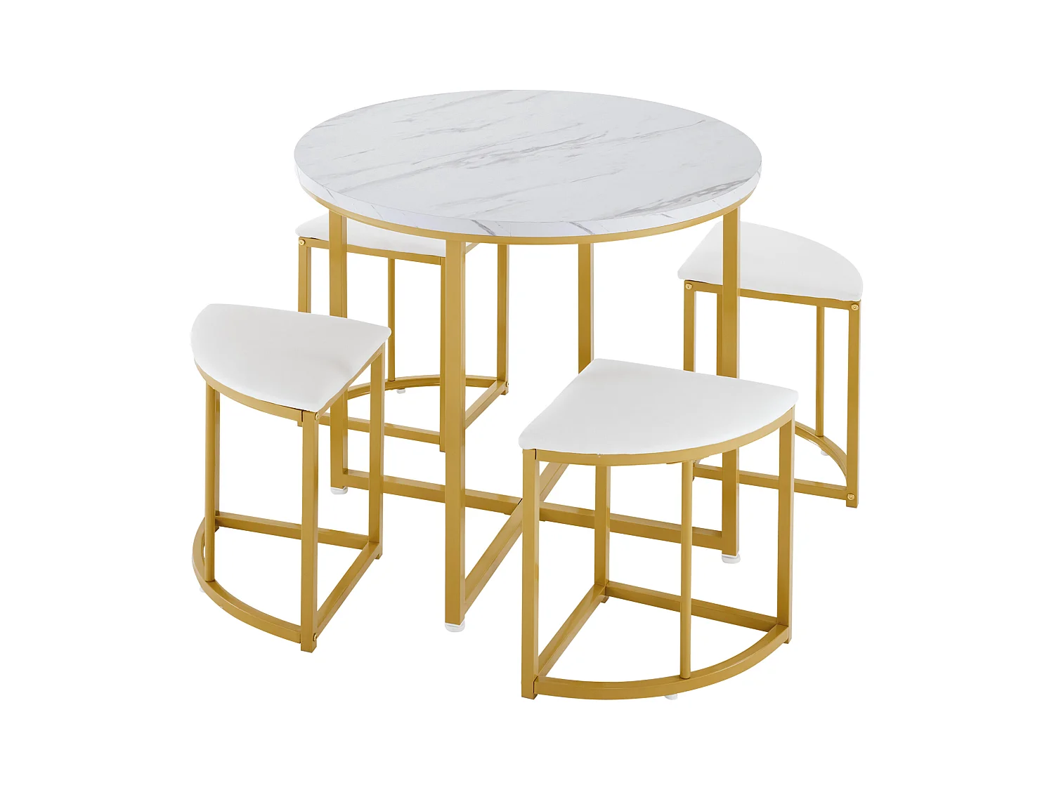Lot de 5 table à manger et chaises - 80 x 80 x 75 cm - table à pieds doré + 4 chaises - MDF - blanc