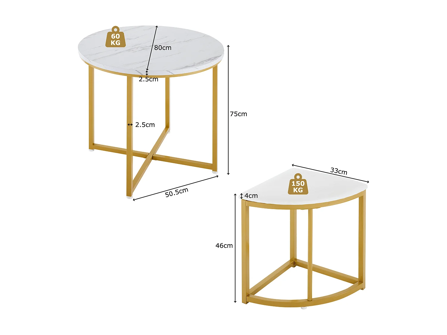 Lot de 5 table à manger et chaises - 80 x 80 x 75 cm - table à pieds doré + 4 chaises - MDF - blanc