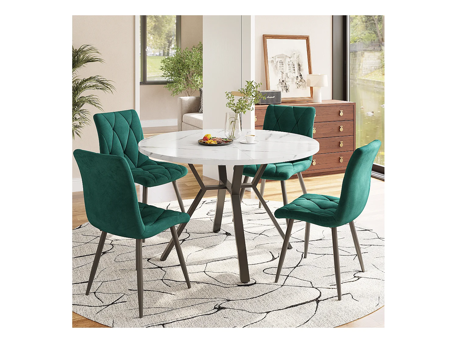 5er-Set Esstische und Stühle – 100 x 100 x 75 cm – Tisch mit Metallbeinen + 4 ergonomische Stühle – MDF + Metall – Grün