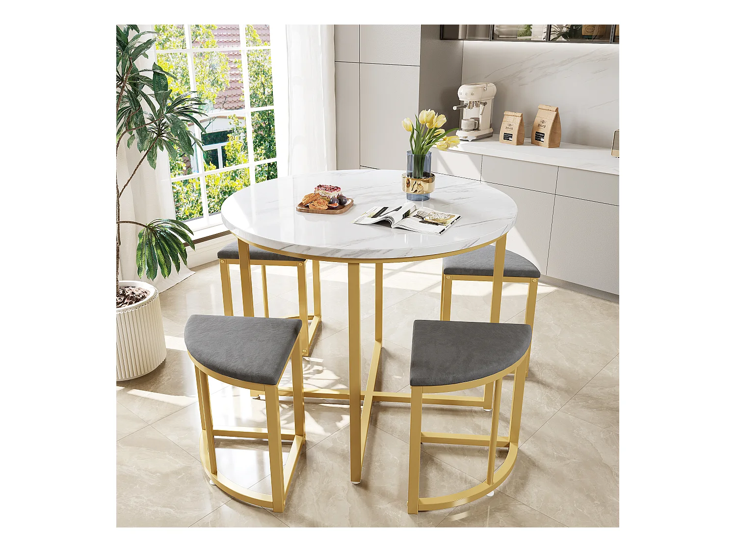 Lot de 5 table à manger et chaises - 80 x 80 x 75 cm - table à pieds doré + 4 chaises - MDF - gris