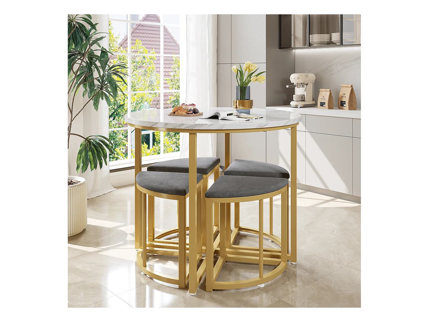 Lot de 5 table à manger et chaises - 80 x 80 x 75 cm - table à pieds doré + 4 chaises - MDF - gris