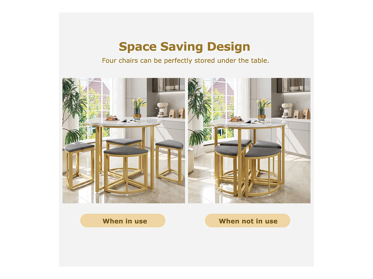 Lot de 5 table à manger et chaises - 80 x 80 x 75 cm - table à pieds doré + 4 chaises - MDF - gris