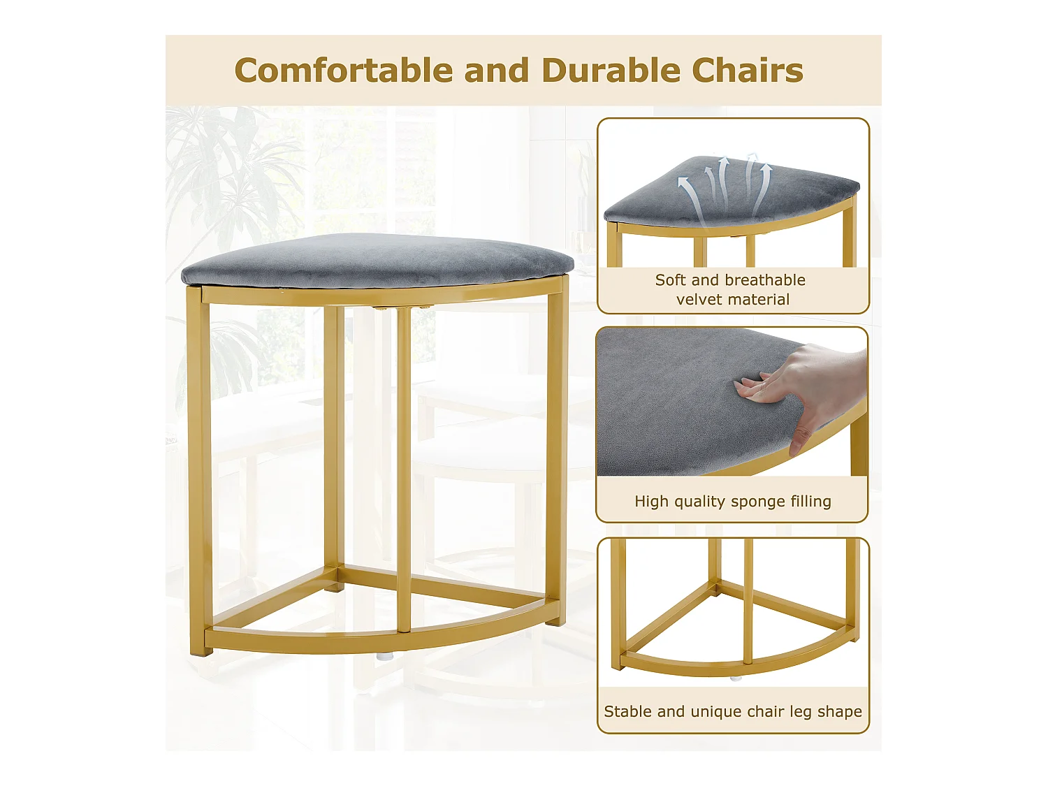 Lot de 5 table à manger et chaises - 80 x 80 x 75 cm - table à pieds doré + 4 chaises - MDF - gris