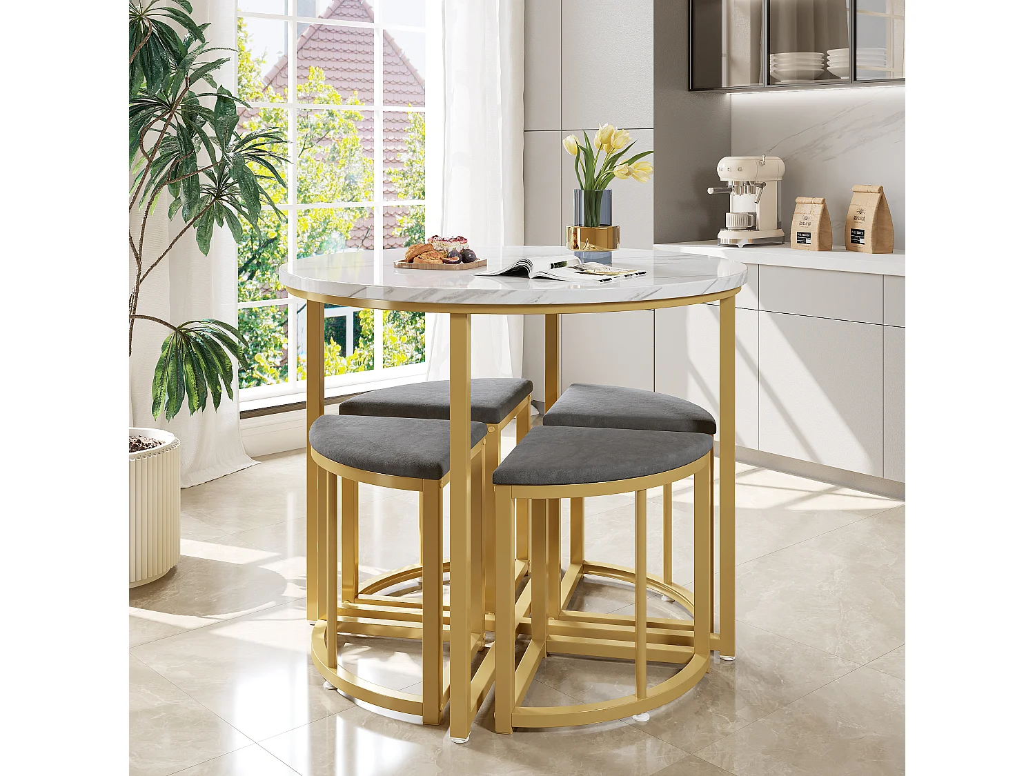 Lot de 5 table à manger et chaises - 80 x 80 x 75 cm - table à pieds doré + 4 chaises - MDF - gris