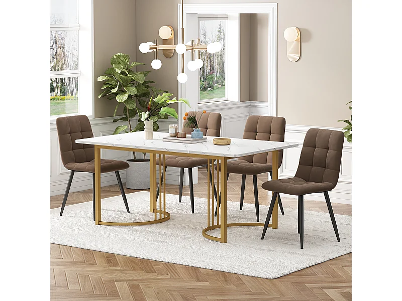 Lot de 5 table à manger et chaises - 140 x 80 x 75 cm - table à pieds doré + 4 chaises brun ​- MDF - blanc