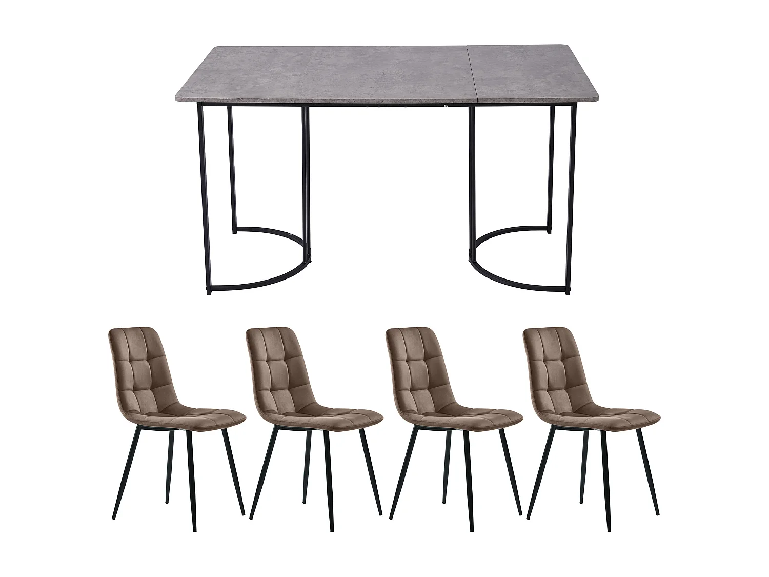 Lot de 5 table à manger et chaises - 140 x 80 x 75 cm - table à pieds noir + 4 chaises brun ​- MDF - gris