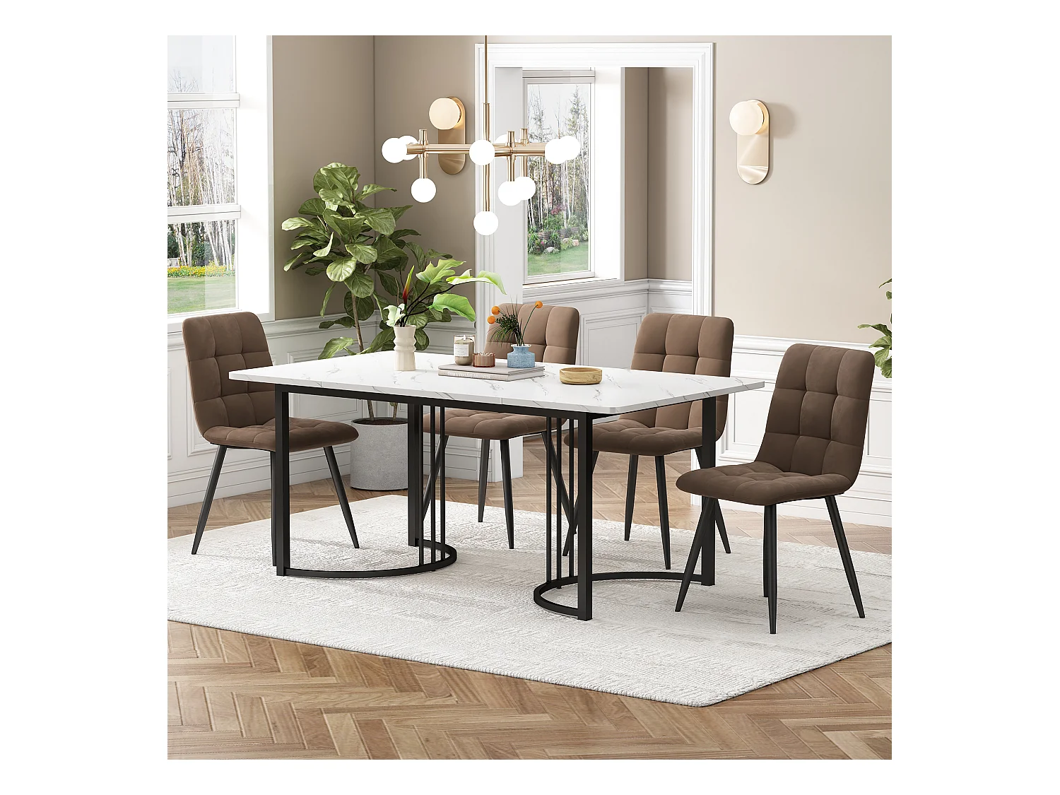 Lot de 5 table à manger et chaises - 140 x 80 x 75 cm - table à pieds noir + 4 chaises brun ​- MDF - blanc