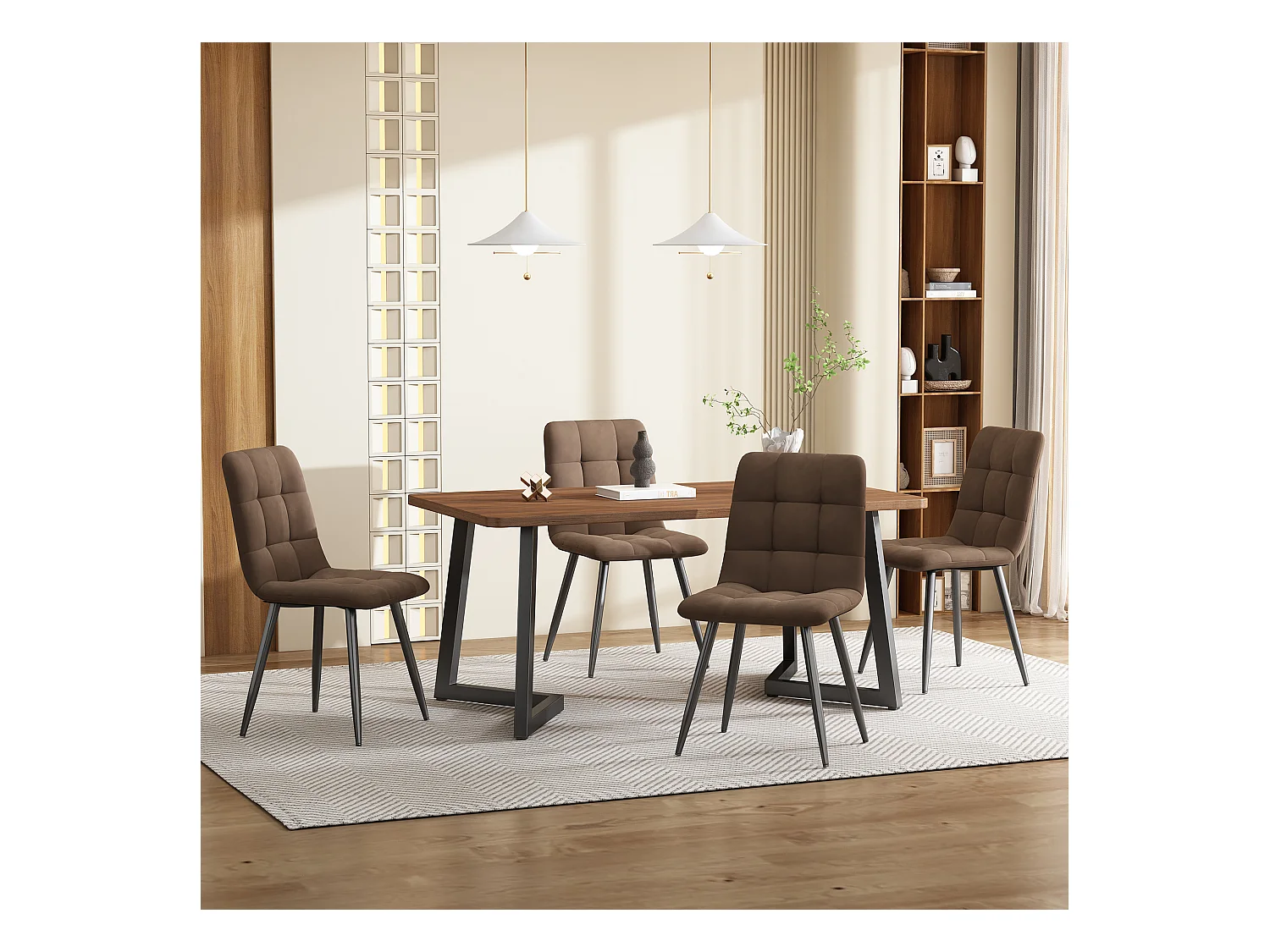 Lot de 5 table à manger et chaises - 117 x  68 x 75 cm - Table pieds noir + 4 chaises brun ​- MDF - marron