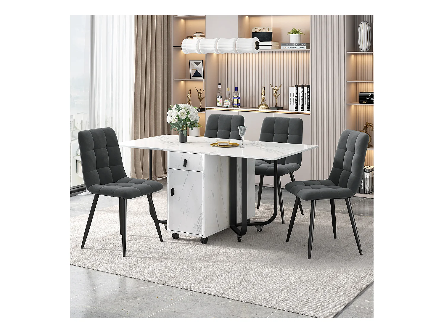 5er-Set Esstische und Stühle – 150 x 80 x 76 cm – Klapptisch mit Stauraum + 4 Stühle – MDF – Dunkelgrau