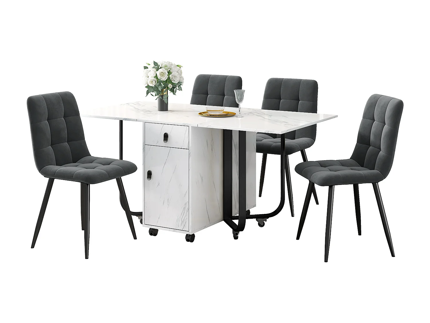 Lot de 5 table à manger et chaises - 150 x 80 x 76 cm - table pliante avec rangement + 4 chaises - MDF - gris foncé