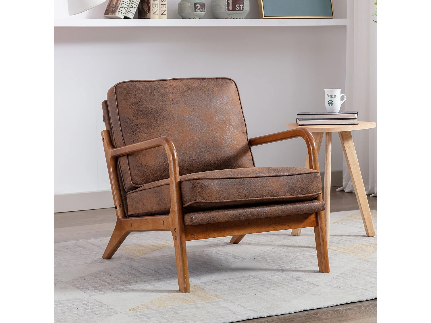 Houten frame fauteuil - 65 x 80 x 76 cm - Moderne accentstoel voor woonkamer - Chenille - Koffie