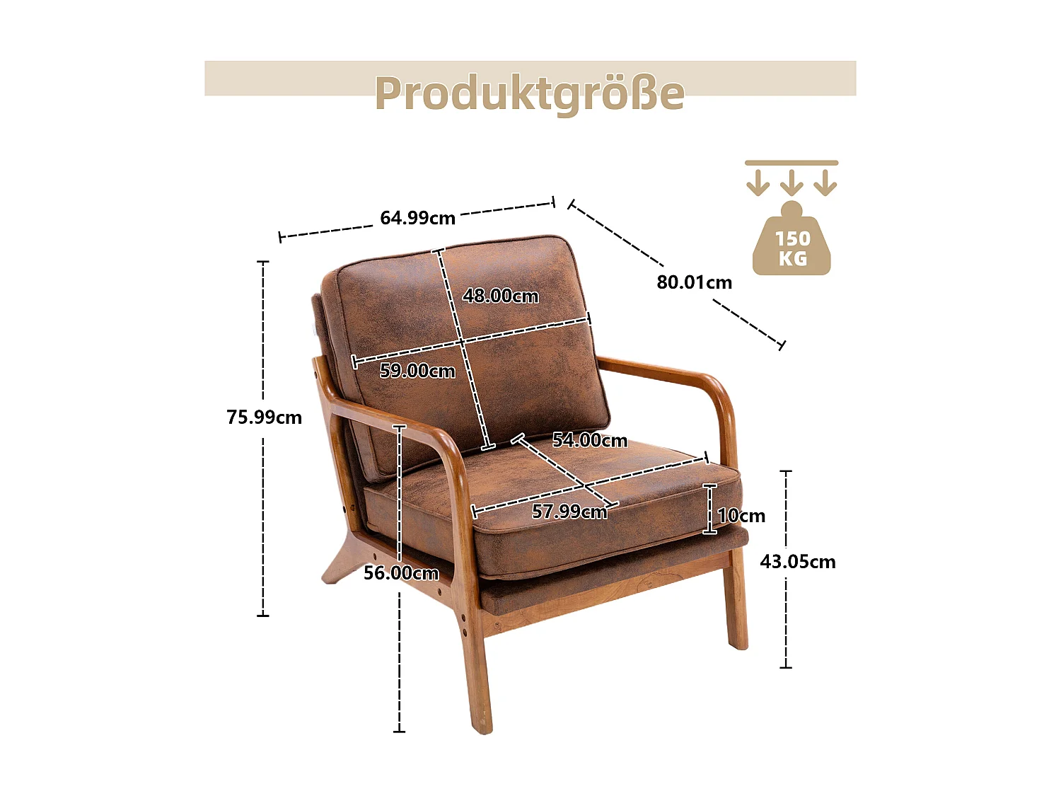 Houten frame fauteuil - 65 x 80 x 76 cm - Moderne accentstoel voor woonkamer - Chenille - Koffie