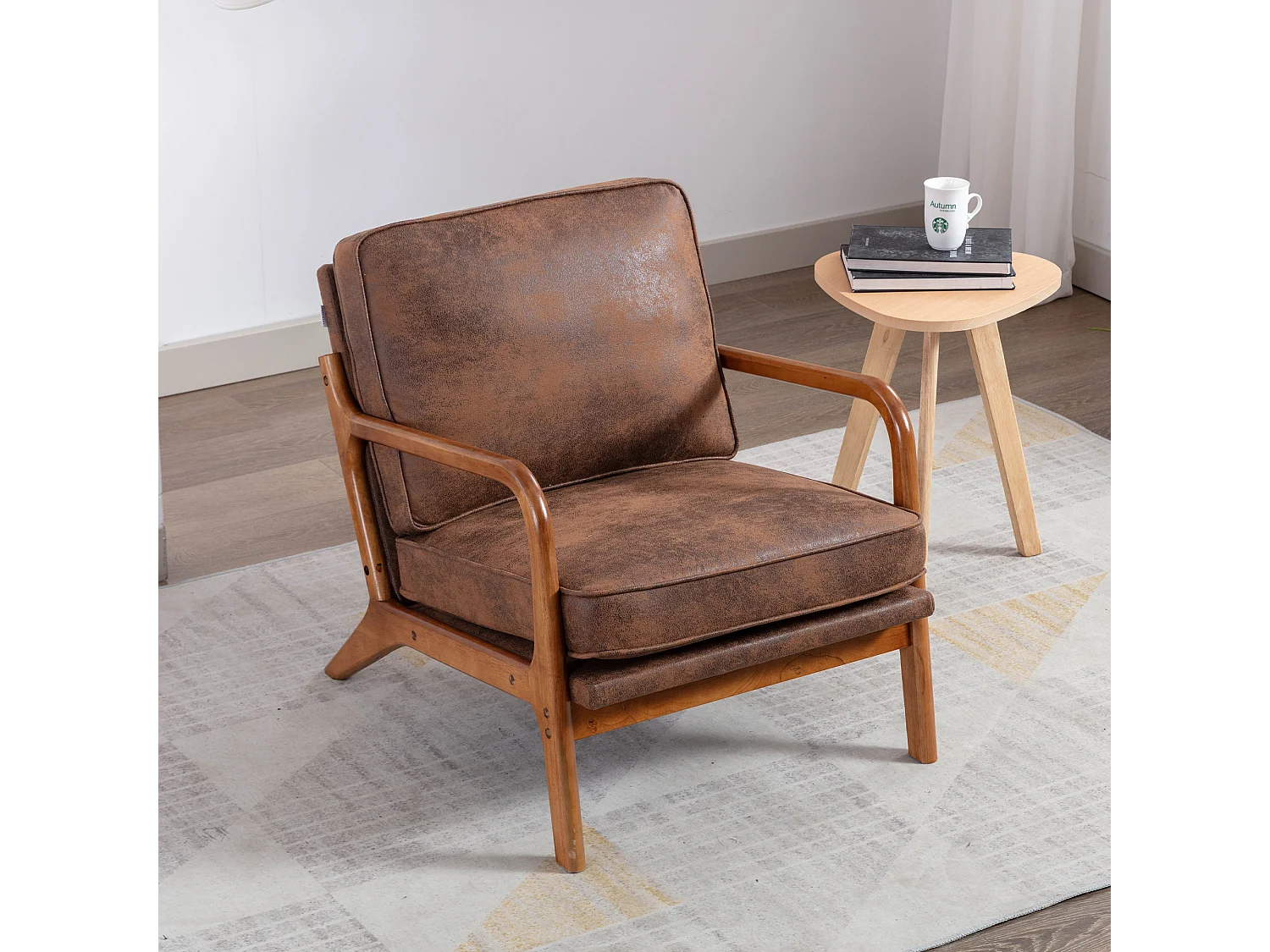 Houten frame fauteuil - 65 x 80 x 76 cm - Moderne accentstoel voor woonkamer - Chenille - Koffie