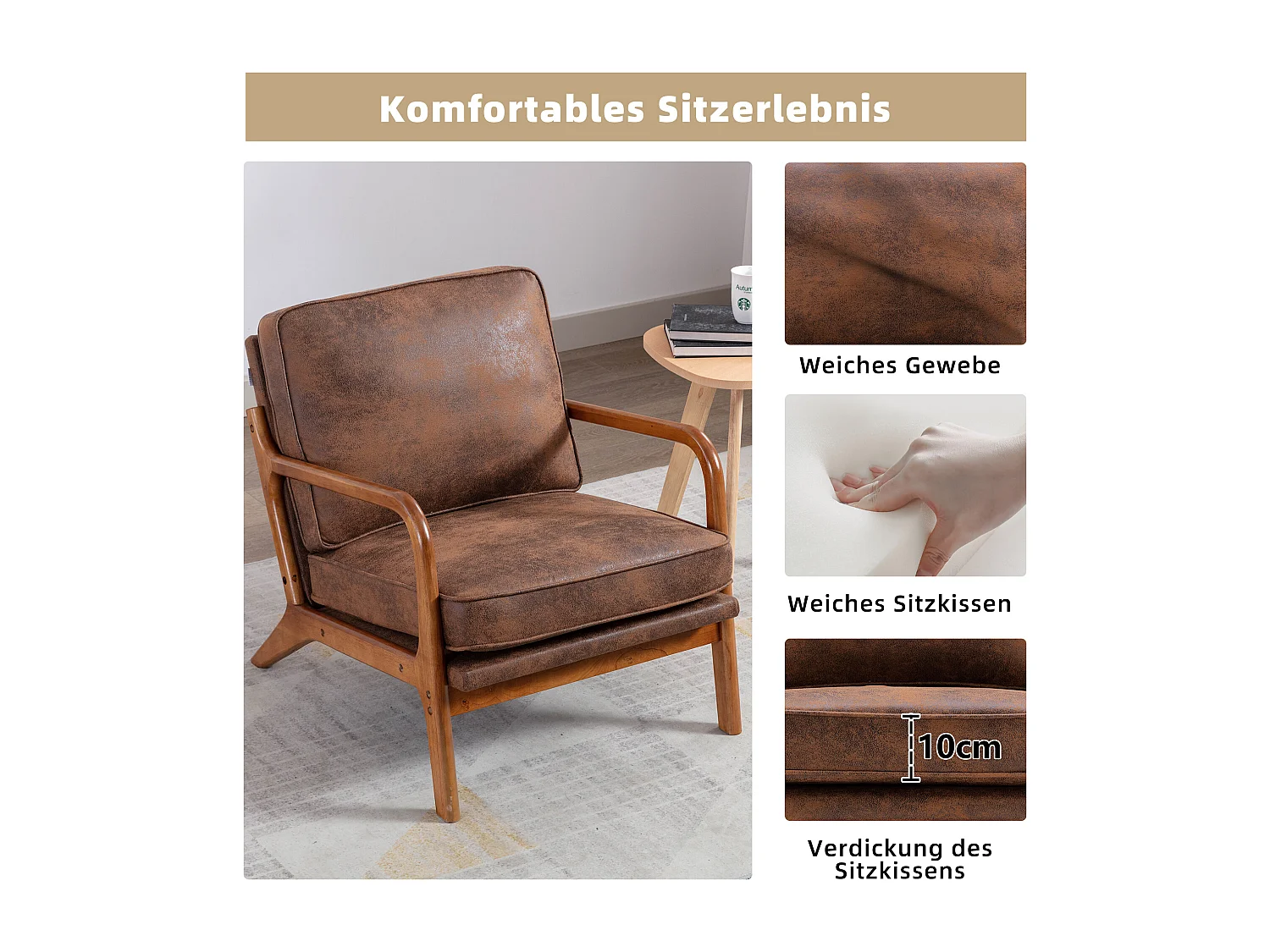 Houten frame fauteuil - 65 x 80 x 76 cm - Moderne accentstoel voor woonkamer - Chenille - Koffie