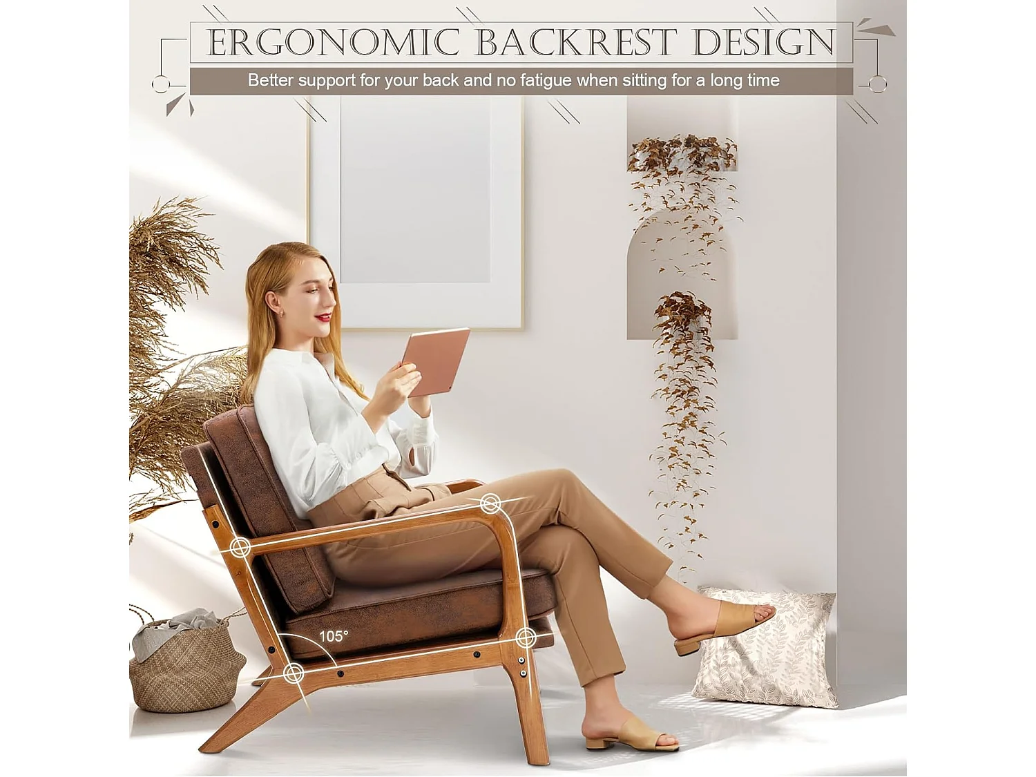 Houten frame fauteuil - 65 x 80 x 76 cm - Moderne accentstoel voor woonkamer - Chenille - Koffie
