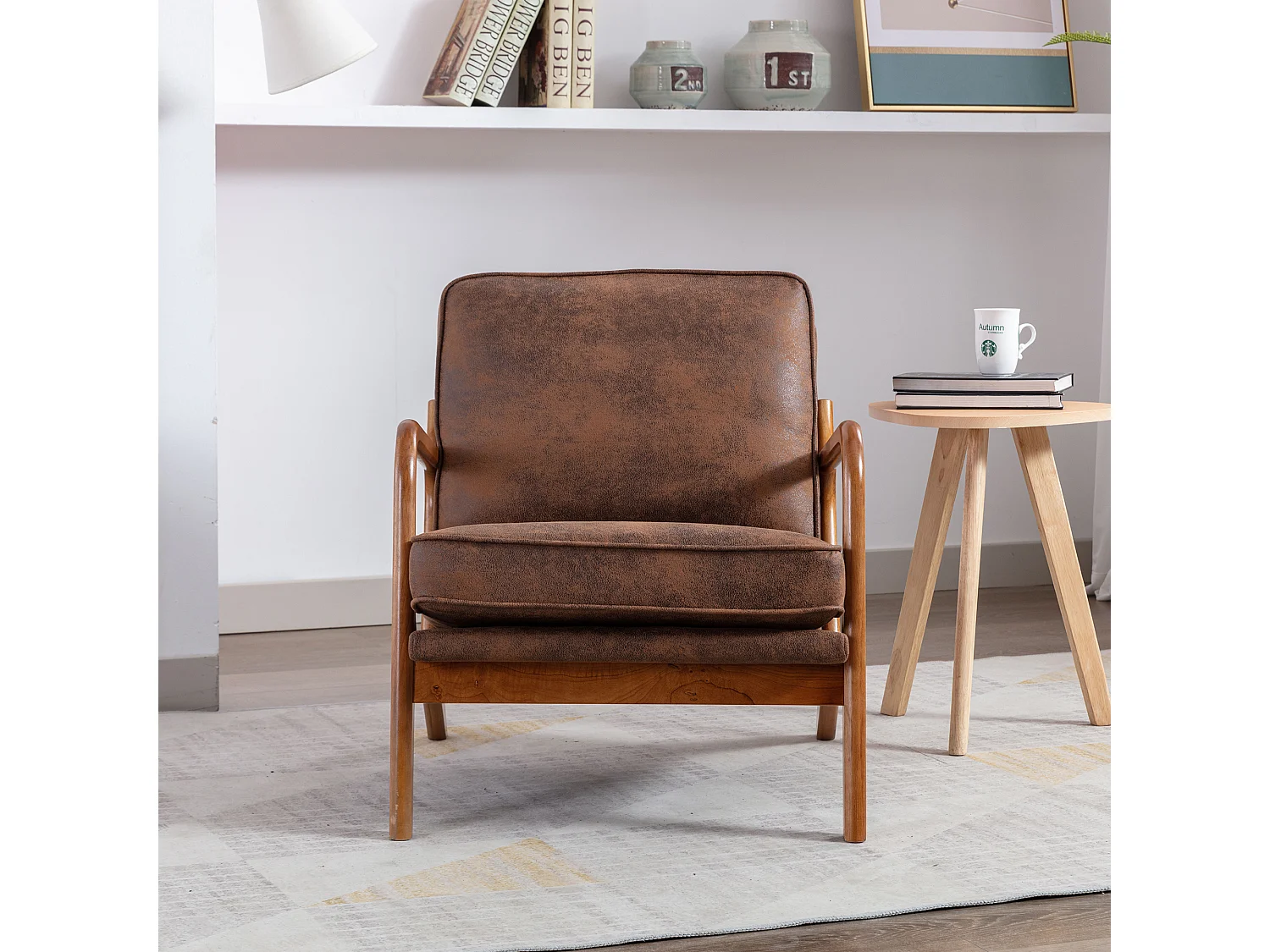 Houten frame fauteuil - 65 x 80 x 76 cm - Moderne accentstoel voor woonkamer - Chenille - Koffie