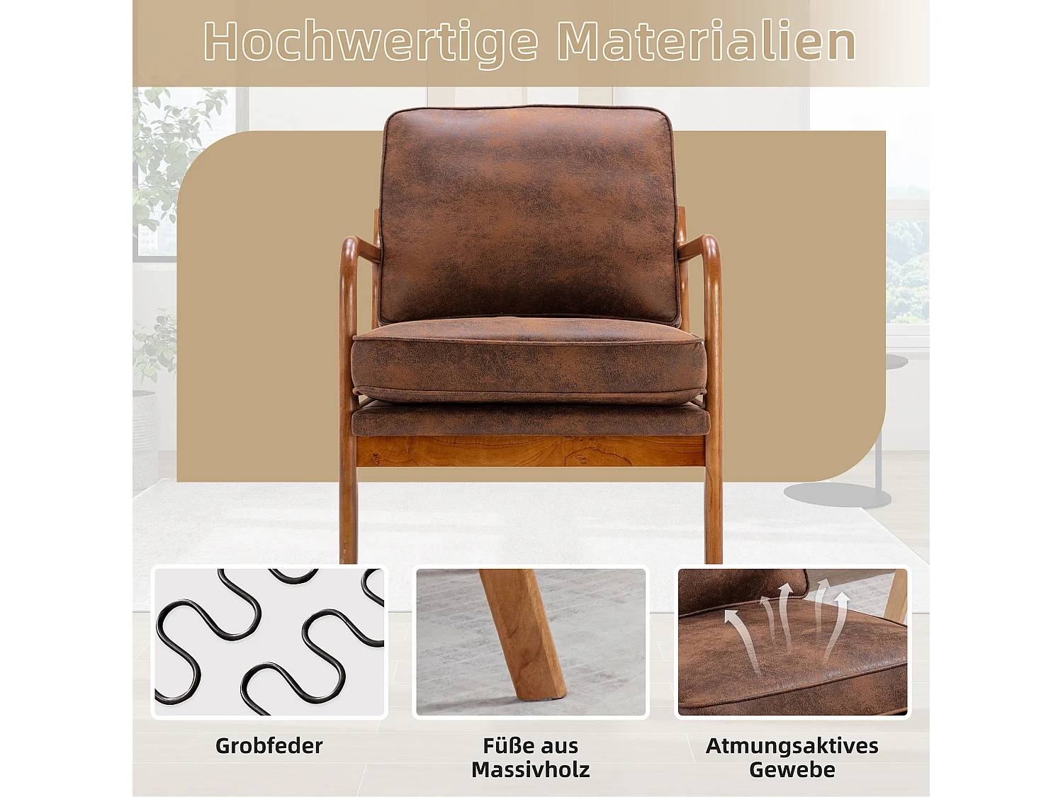 Houten frame fauteuil - 65 x 80 x 76 cm - Moderne accentstoel voor woonkamer - Chenille - Koffie