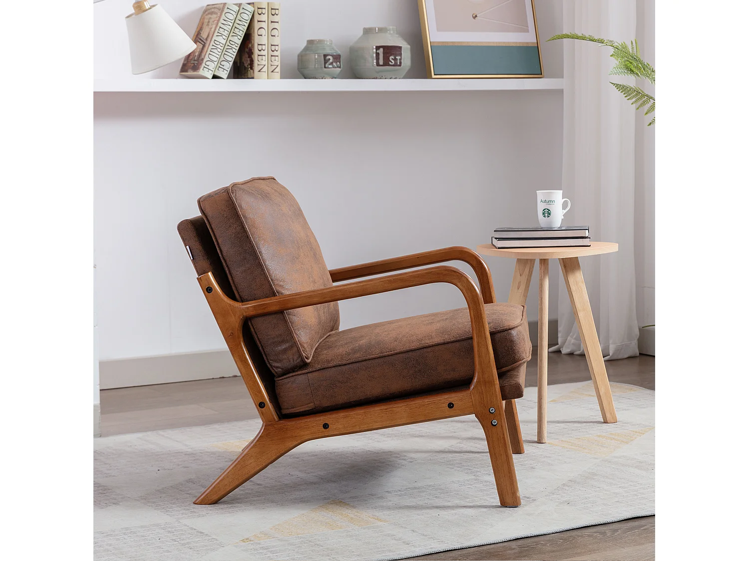 Houten frame fauteuil - 65 x 80 x 76 cm - Moderne accentstoel voor woonkamer - Chenille - Koffie