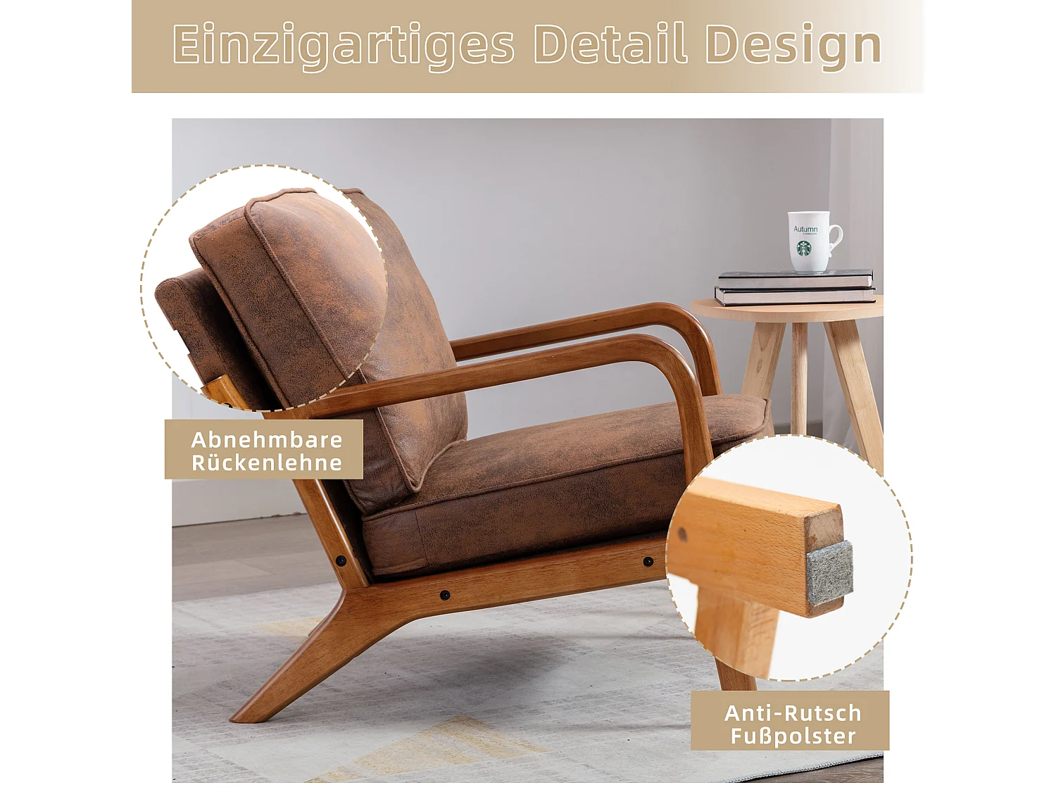 Houten frame fauteuil - 65 x 80 x 76 cm - Moderne accentstoel voor woonkamer - Chenille - Koffie