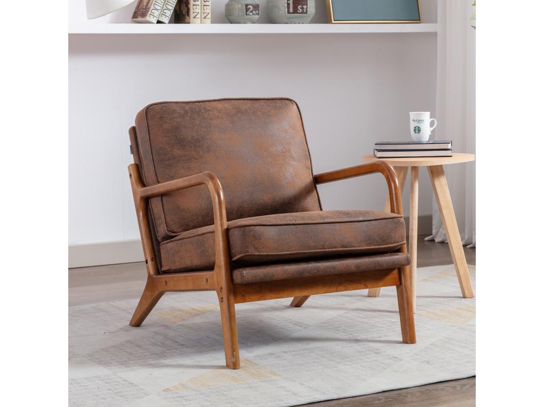 Fotel z drewnianą ramą - 65 x 80 x 76 cm - Nowoczesny fotel akcentowy do salonu - Chenille - Kawa