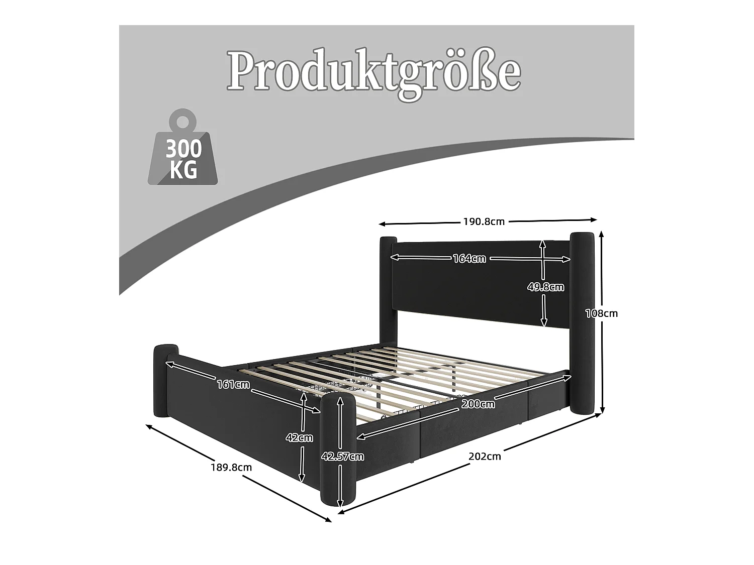 Lit rembourré moderne - 160 x 200 cm - tête de lit épaissé + 2 tiroirs + ports USB - velours - noir