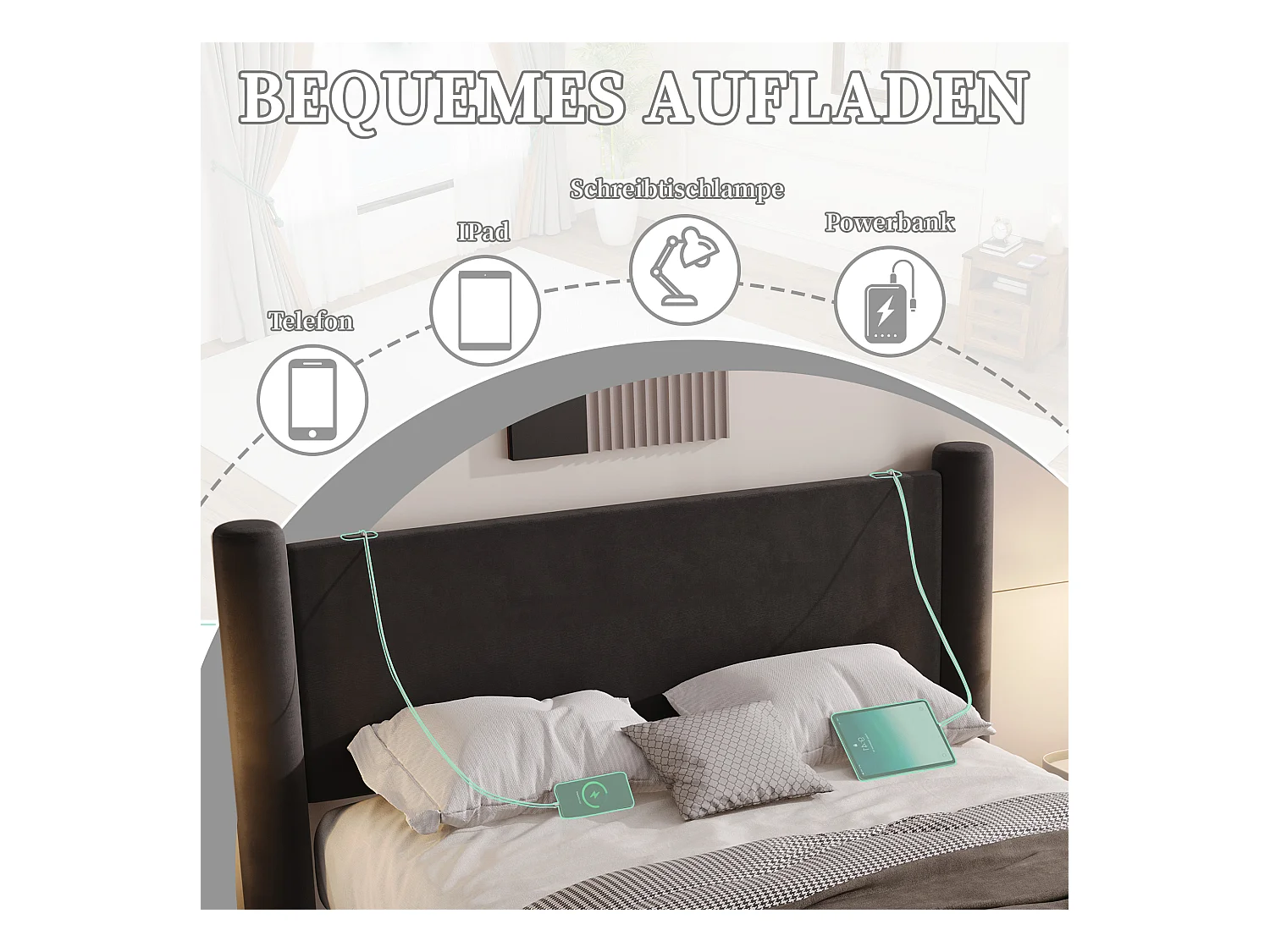 Lit rembourré moderne - 160 x 200 cm - tête de lit épaissé + 2 tiroirs + ports USB - velours - noir