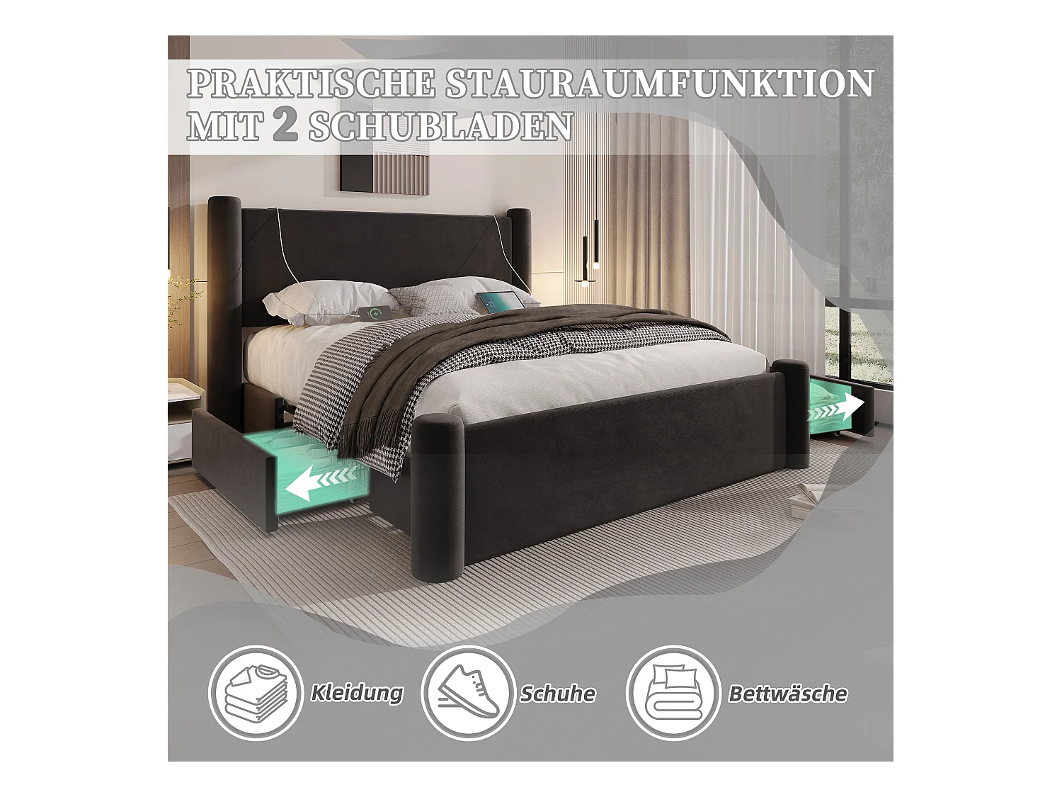 Lit rembourré moderne - 160 x 200 cm - tête de lit épaissé + 2 tiroirs + ports USB - velours - noir