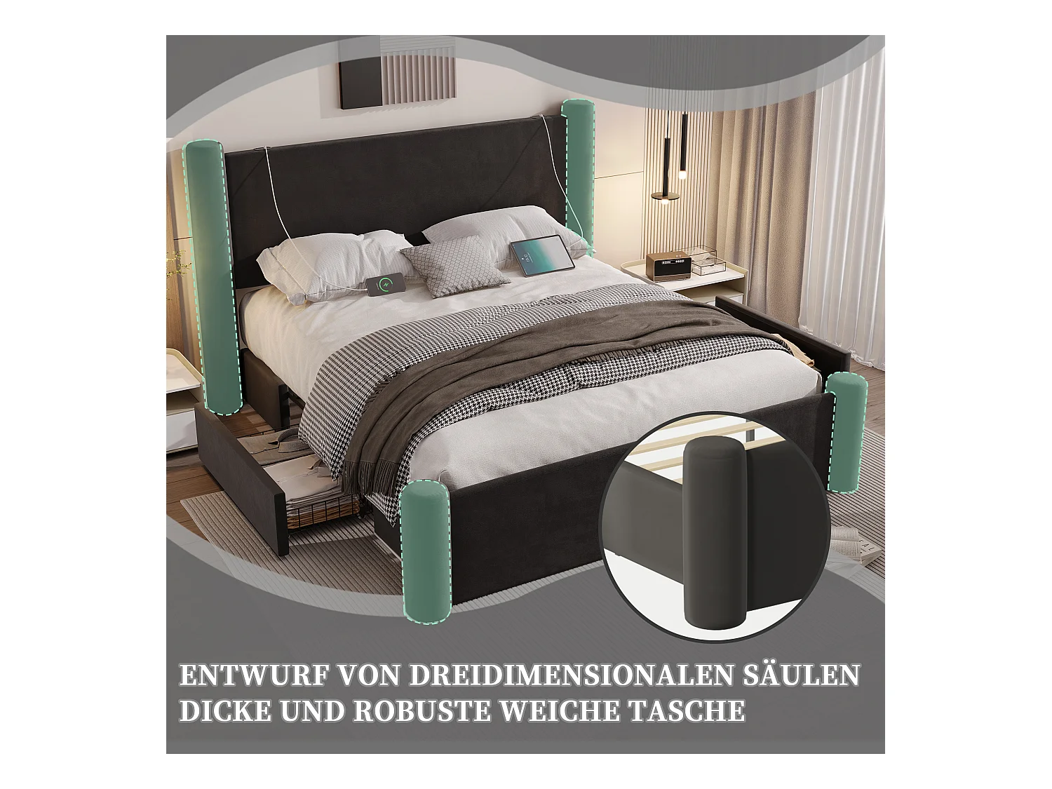 Lit rembourré moderne - 160 x 200 cm - tête de lit épaissé + 2 tiroirs + ports USB - velours - noir