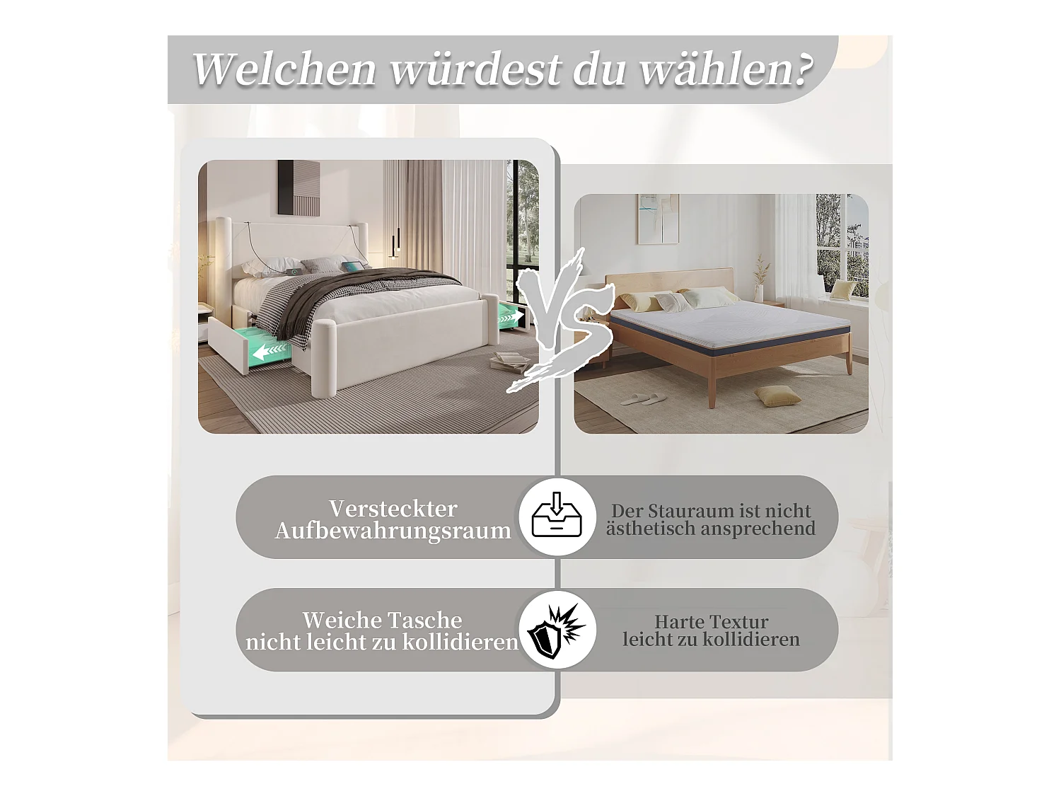 Lit rembourré moderne - 160 x 200 cm - tête de lit épaissé + 2 tiroirs + ports USB - velours - noir