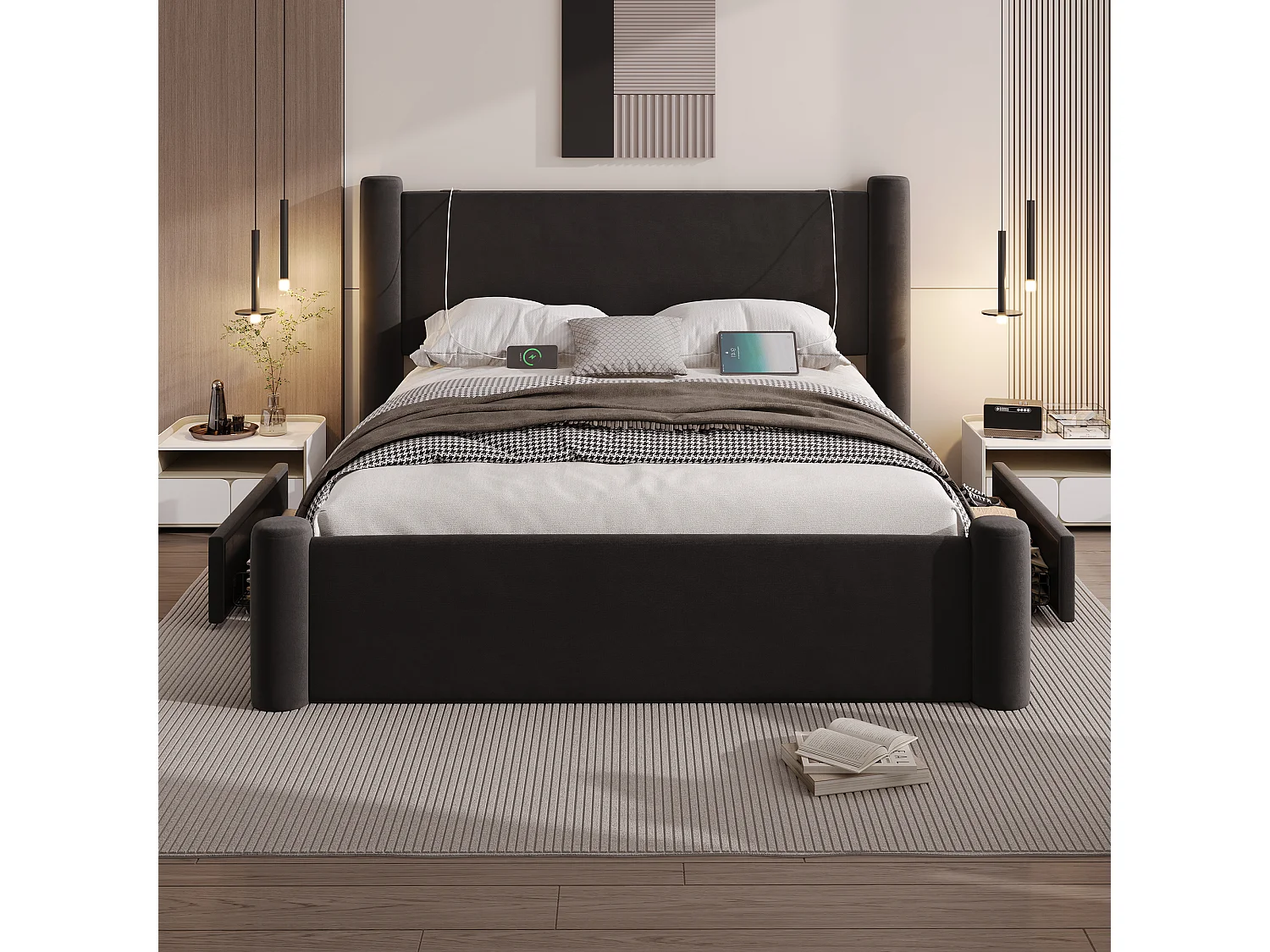 Lit rembourré moderne - 160 x 200 cm - tête de lit épaissé + 2 tiroirs + ports USB - velours - noir