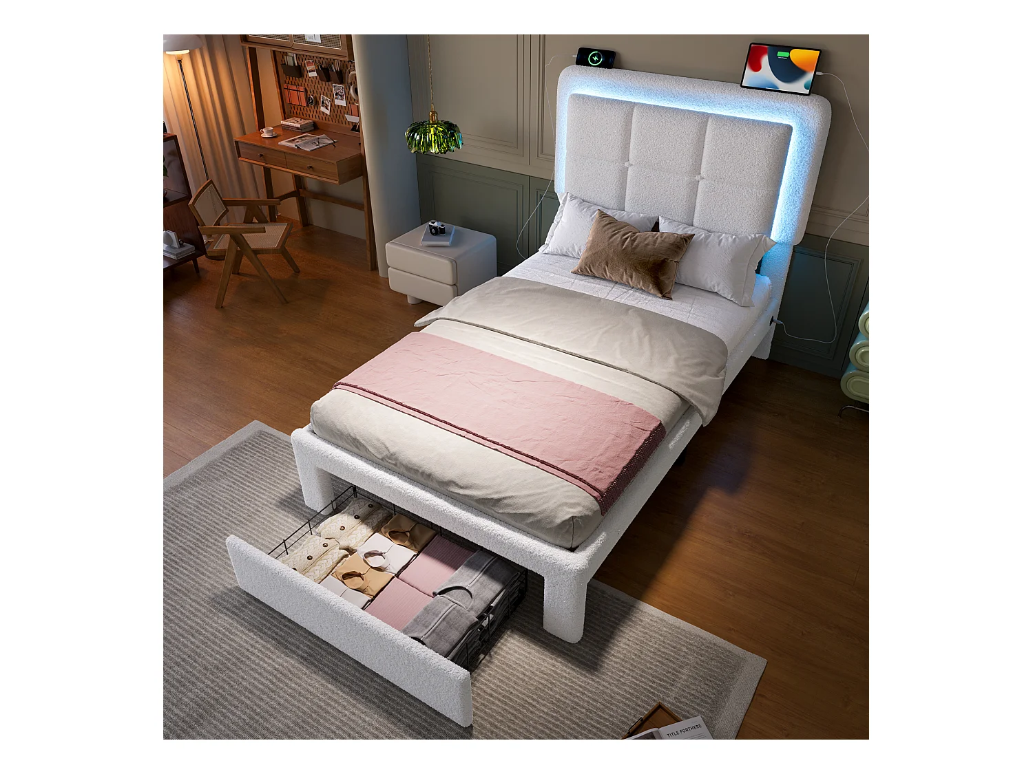 Gestoffeerd bed - 90 x 200 cm - ijzeren en houten structuur - verstelbaar hoofdeinde + LED's + USB + 1 lade - fluweel - wit