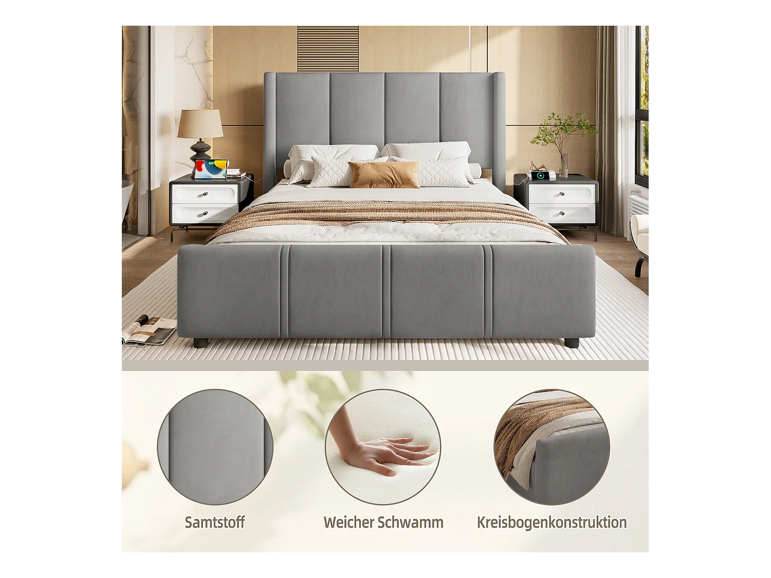 Lit rembourré double - 140 x 200 cm - tête et pied de lit hauts - avec USB - cadre en fer et bois - velours - gris