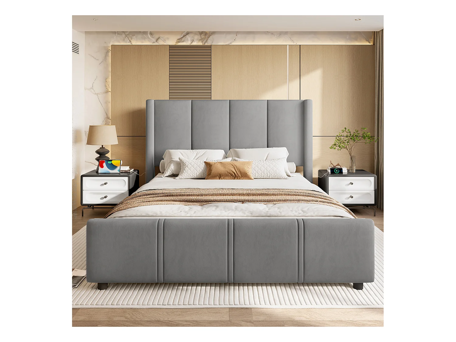 Lit rembourré double - 140 x 200 cm - tête et pied de lit hauts - avec USB - cadre en fer et bois - velours - gris
