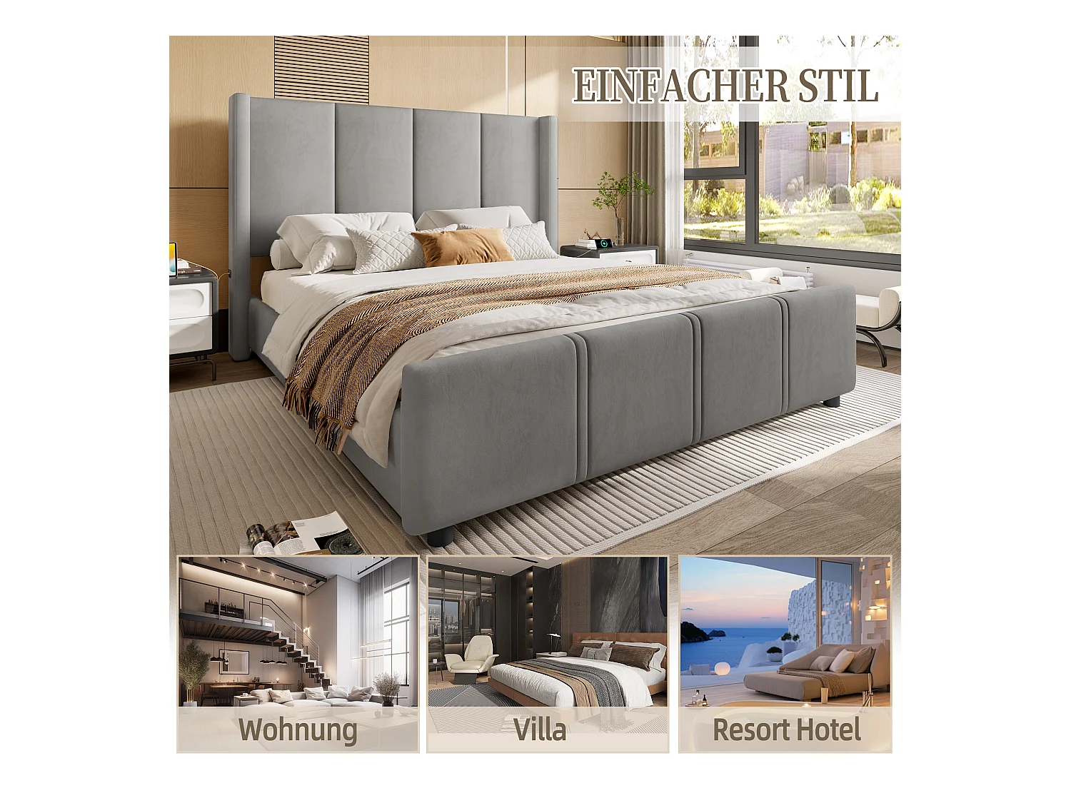 Lit rembourré double - 140 x 200 cm - tête et pied de lit hauts - avec USB - cadre en fer et bois - velours - gris