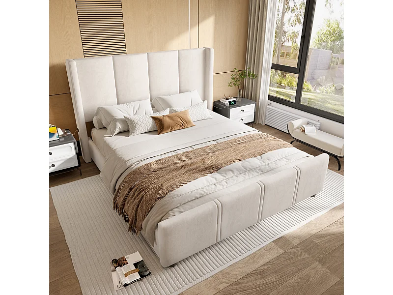 Lit rembourré double - 140 x 200 cm - tête et pied de lit hauts - avec USB - cadre en fer et bois - velours - beige