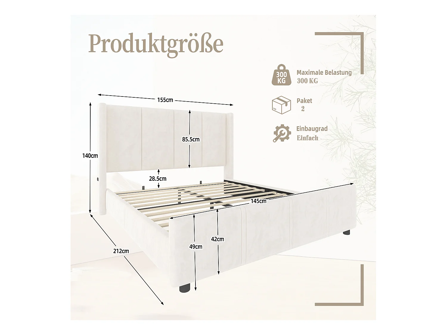 Lit rembourré double - 140 x 200 cm - tête et pied de lit hauts - avec USB - cadre en fer et bois - velours - beige