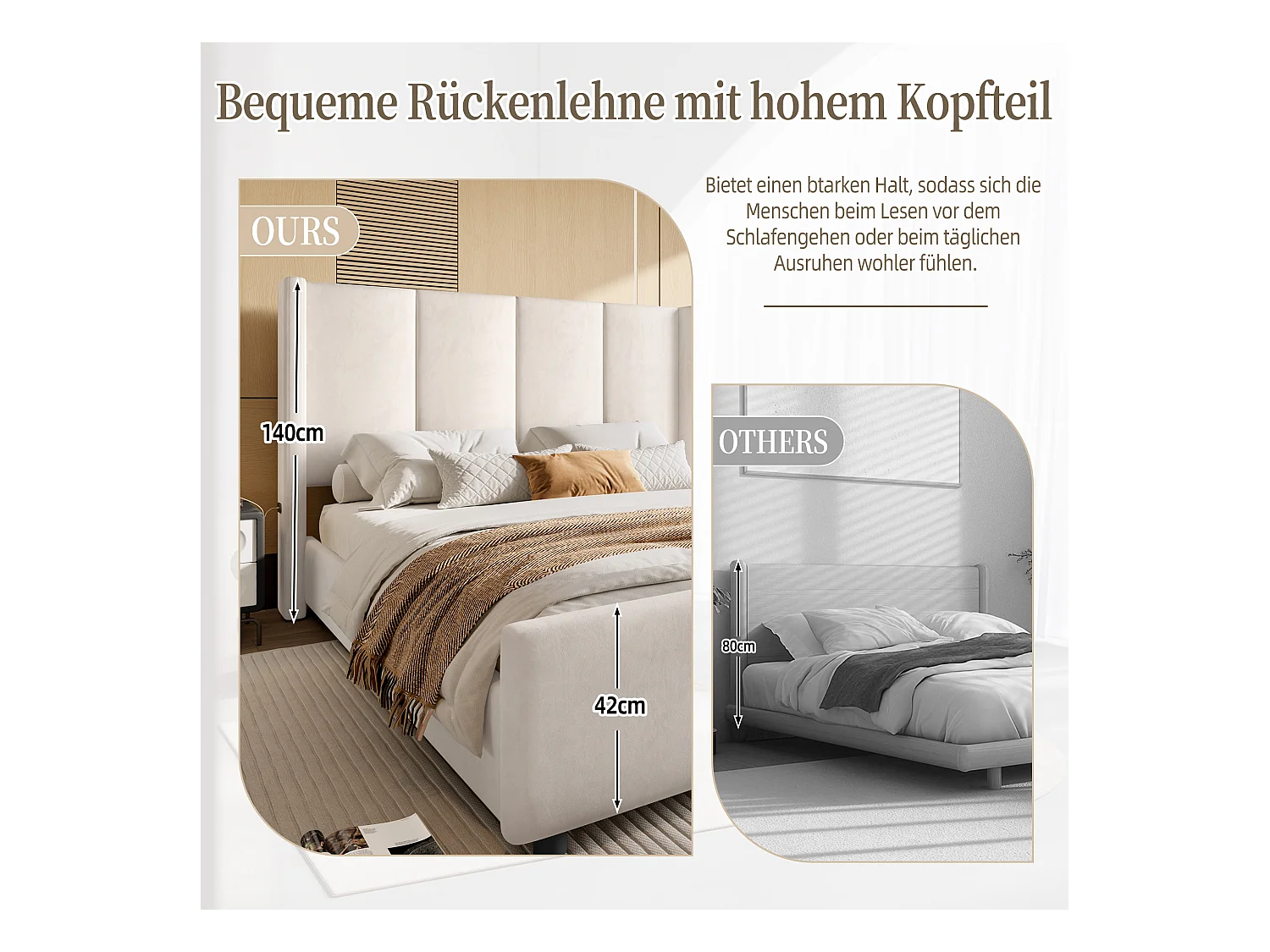 Lit rembourré double - 140 x 200 cm - tête et pied de lit hauts - avec USB - cadre en fer et bois - velours - beige