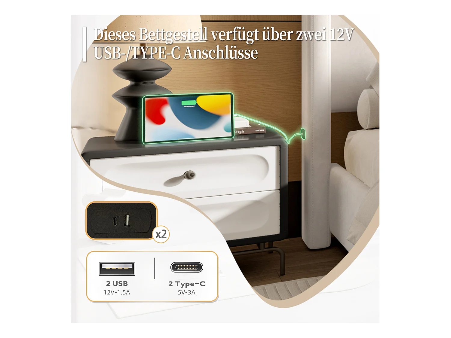 Lit rembourré double - 140 x 200 cm - tête et pied de lit hauts - avec USB - cadre en fer et bois - velours - beige