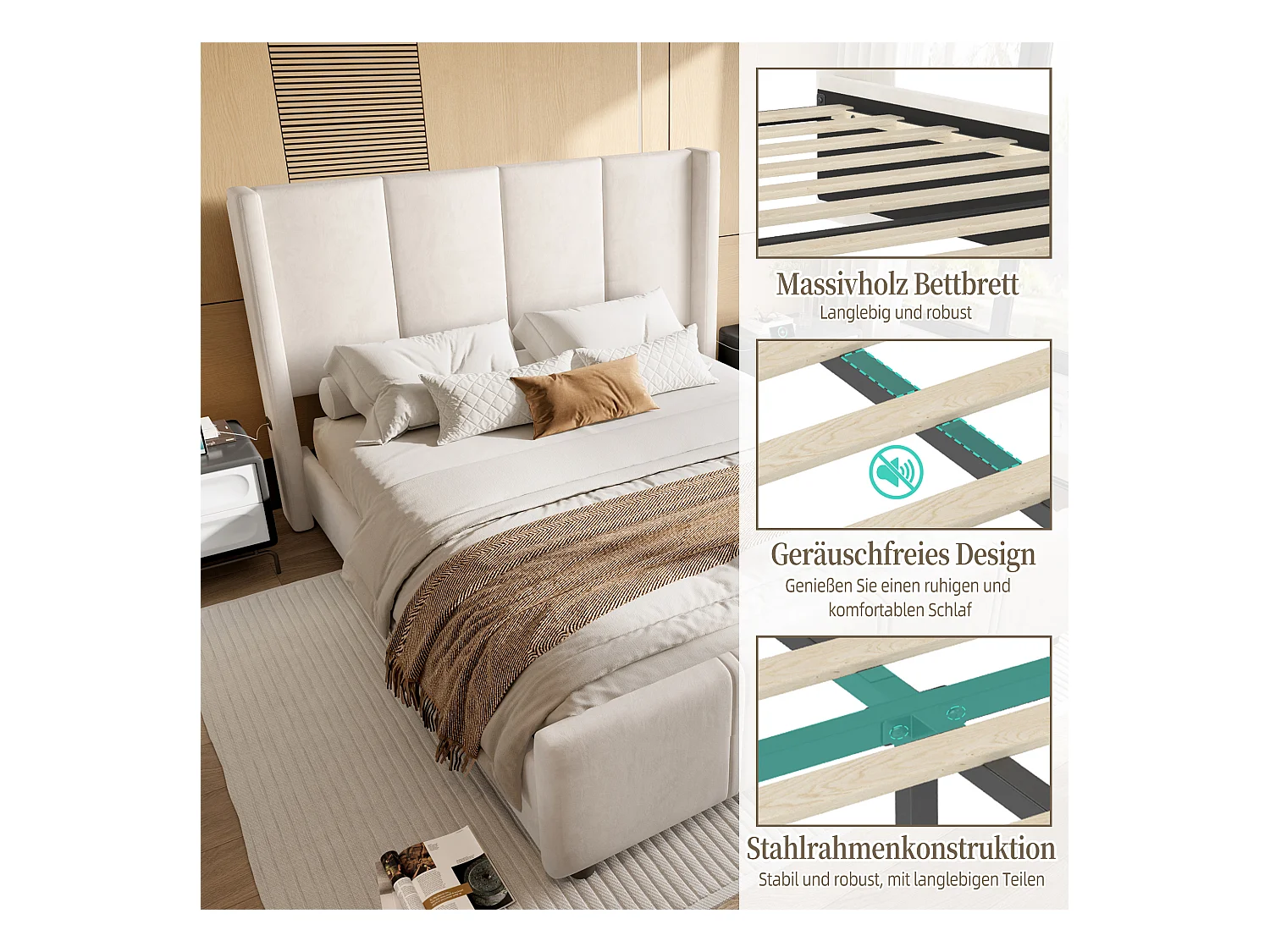 Lit rembourré double - 140 x 200 cm - tête et pied de lit hauts - avec USB - cadre en fer et bois - velours - beige