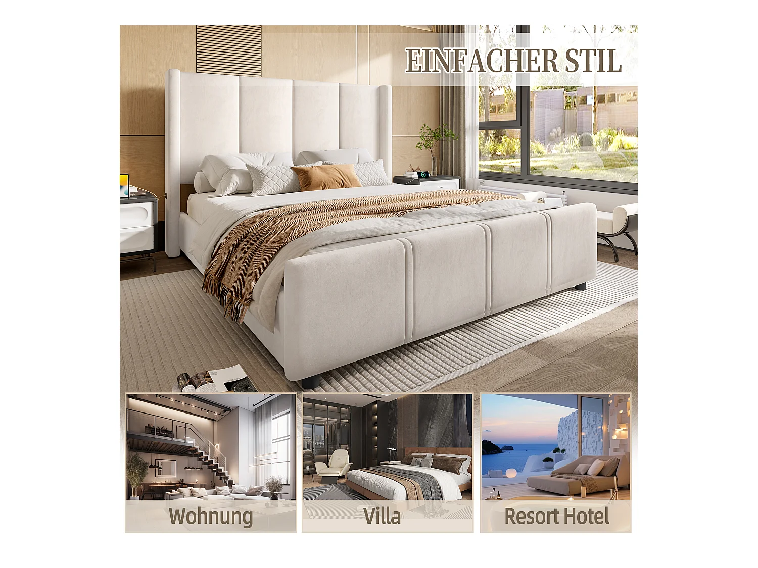 Lit rembourré double - 140 x 200 cm - tête et pied de lit hauts - avec USB - cadre en fer et bois - velours - beige