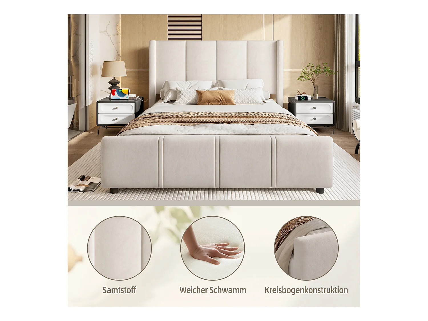 Lit rembourré double - 140 x 200 cm - tête et pied de lit hauts - avec USB - cadre en fer et bois - velours - beige