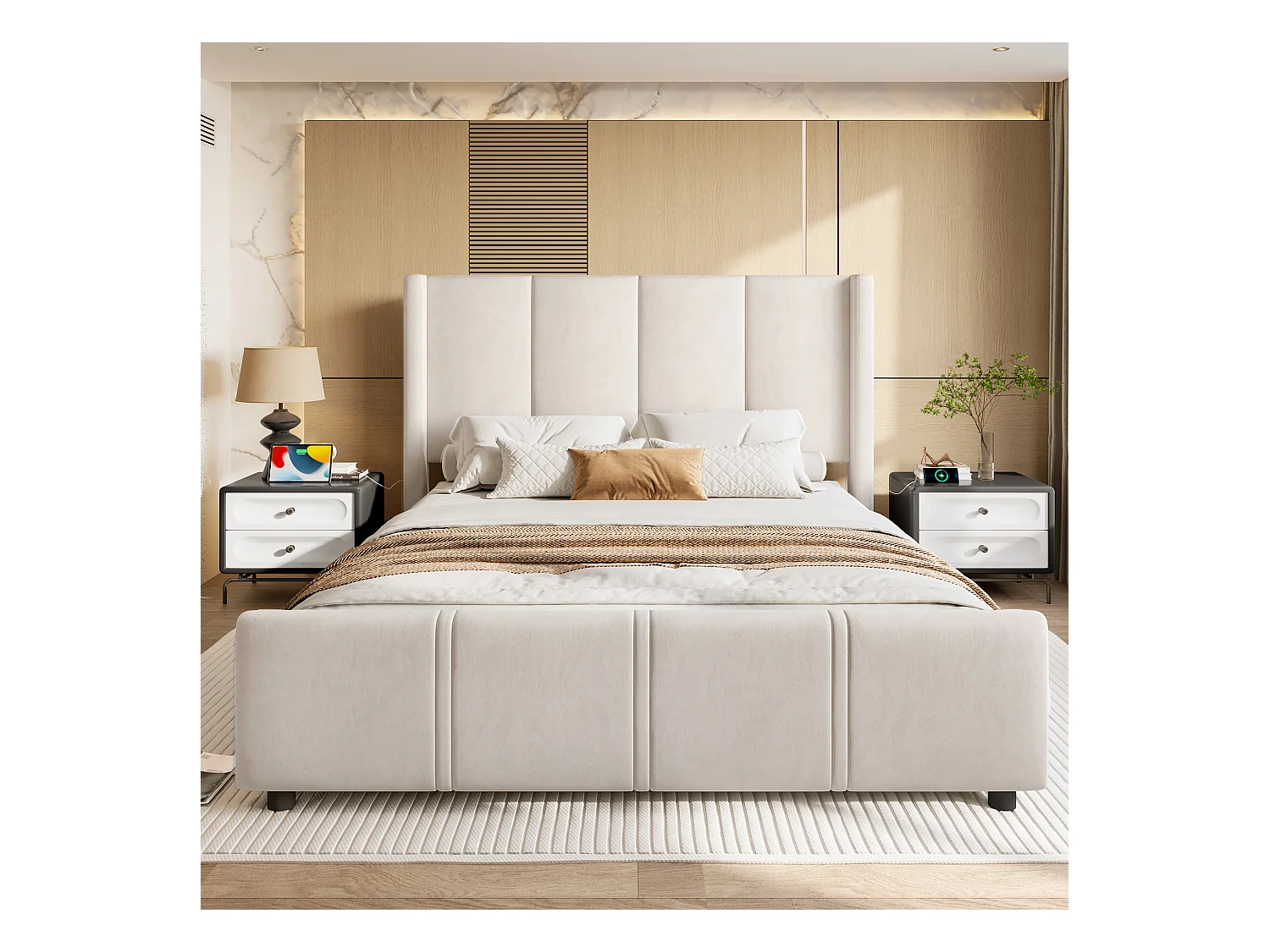 Lit rembourré double - 140 x 200 cm - tête et pied de lit hauts - avec USB - cadre en fer et bois - velours - beige