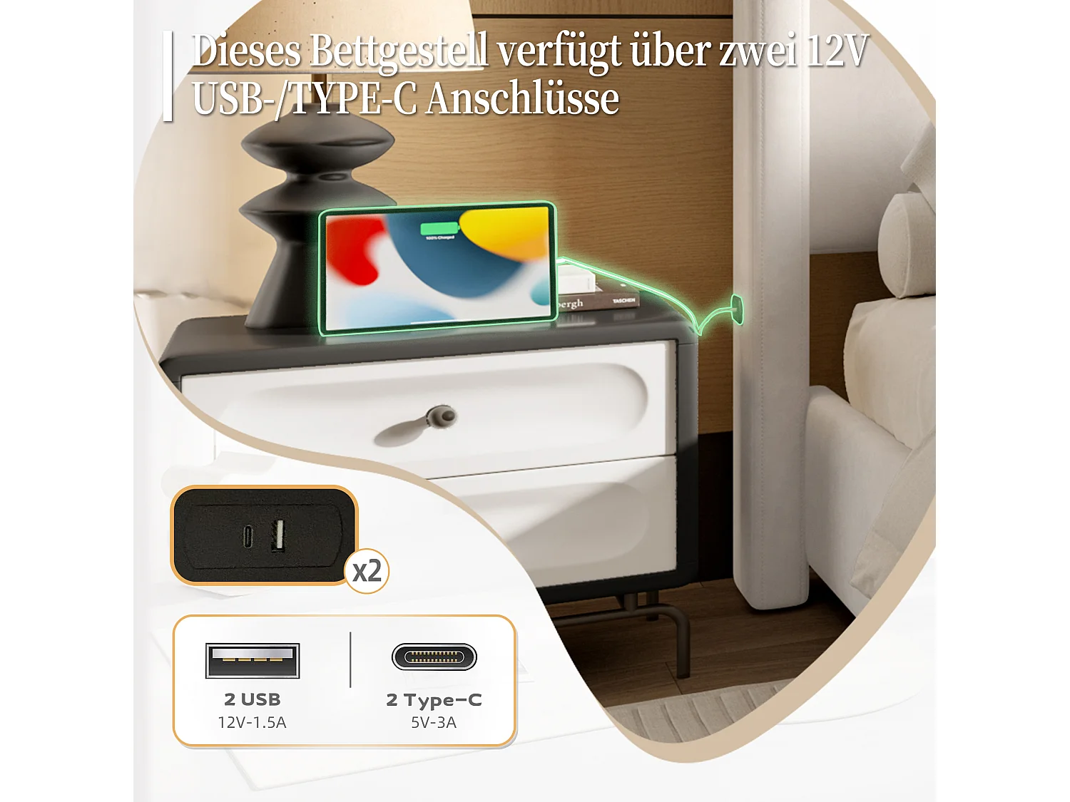 Doppelbett Polsterbett - 140 x 200 cm - hohes Kopf- und Fußteil - mit USB - Eisen- und Holzrahmen - Samt - Beige