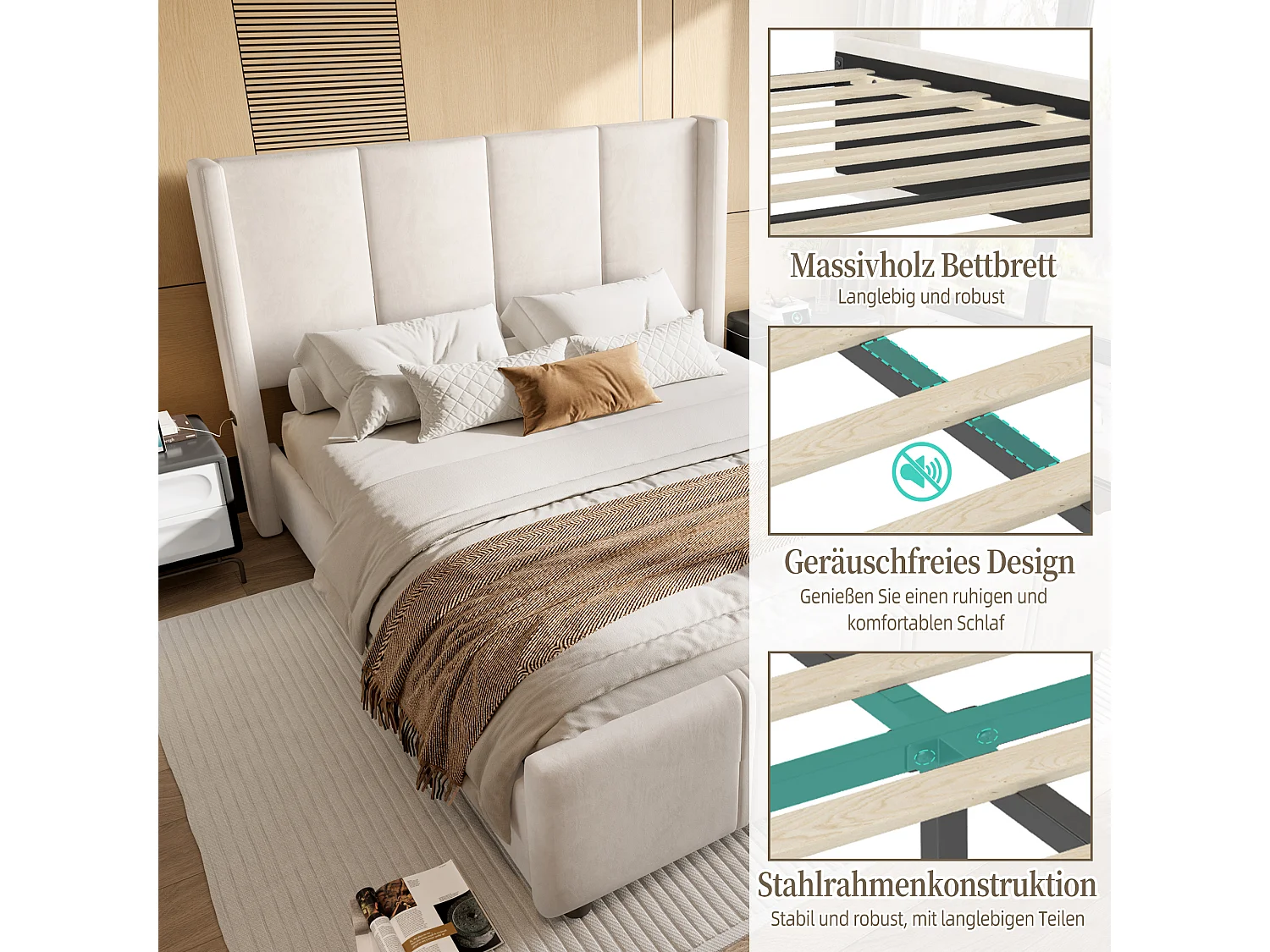 Doppelbett Polsterbett - 140 x 200 cm - hohes Kopf- und Fußteil - mit USB - Eisen- und Holzrahmen - Samt - Beige