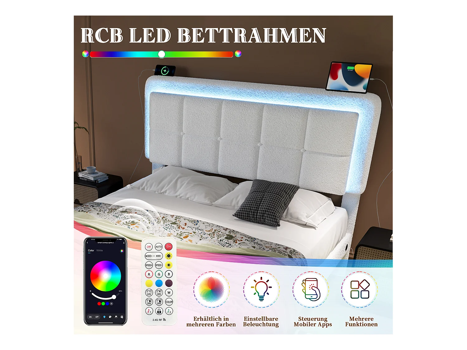 Lit rembourré - 140 x 200 cm - structure en fer et bois - tête de lit réglable + Leds + USB + 1 tiroir - velours - blanc