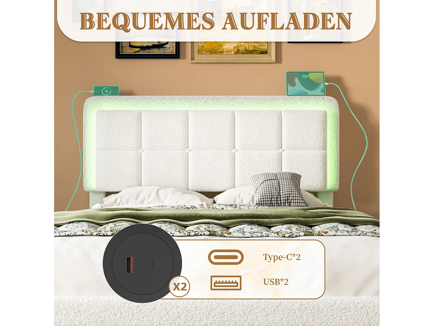 Lit rembourré - 140 x 200 cm - structure en fer et bois - tête de lit réglable + Leds + USB + 1 tiroir - velours - blanc