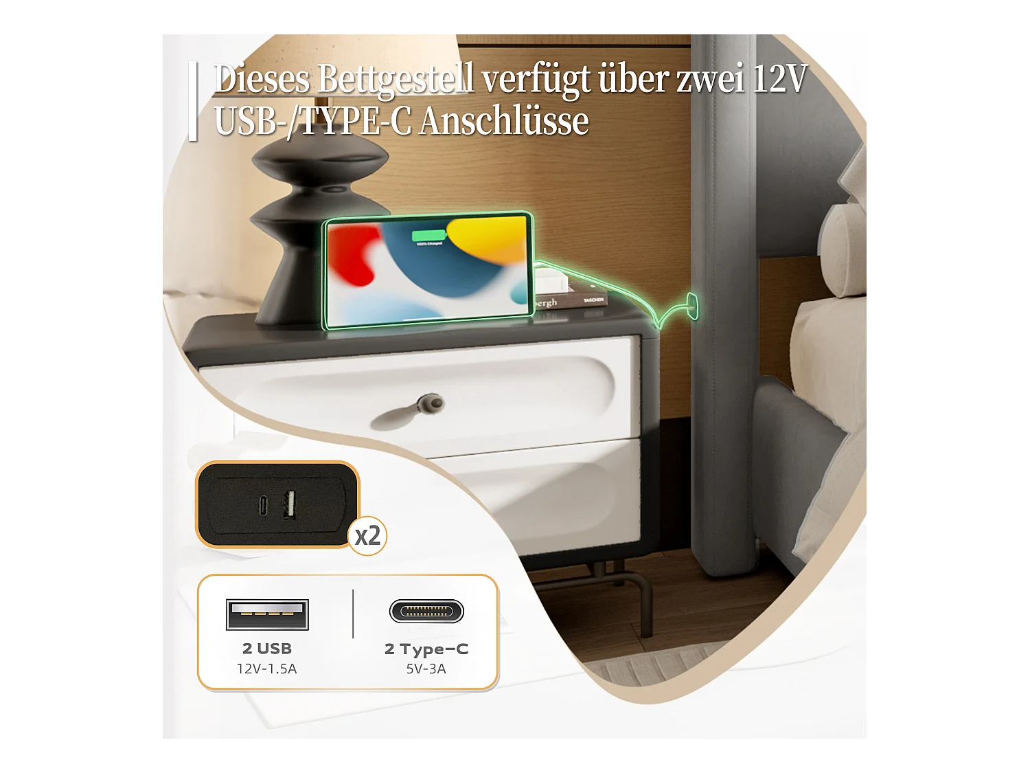 Lit rembourré double - 160 x 200 cm - tête et pied de lit hauts - avec USB - cadre en fer et bois - velours - gris