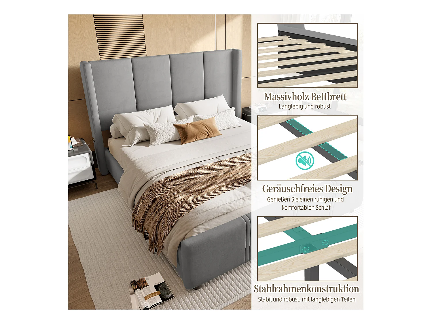 Lit rembourré double - 160 x 200 cm - tête et pied de lit hauts - avec USB - cadre en fer et bois - velours - gris